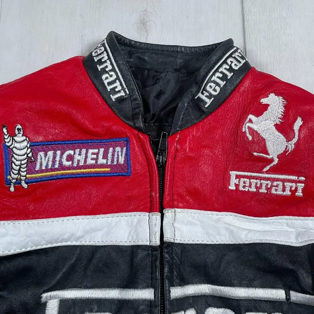 Ferrari Kids Size 4 Racing Leather Jacket Vintage Style Black Red Racing F1